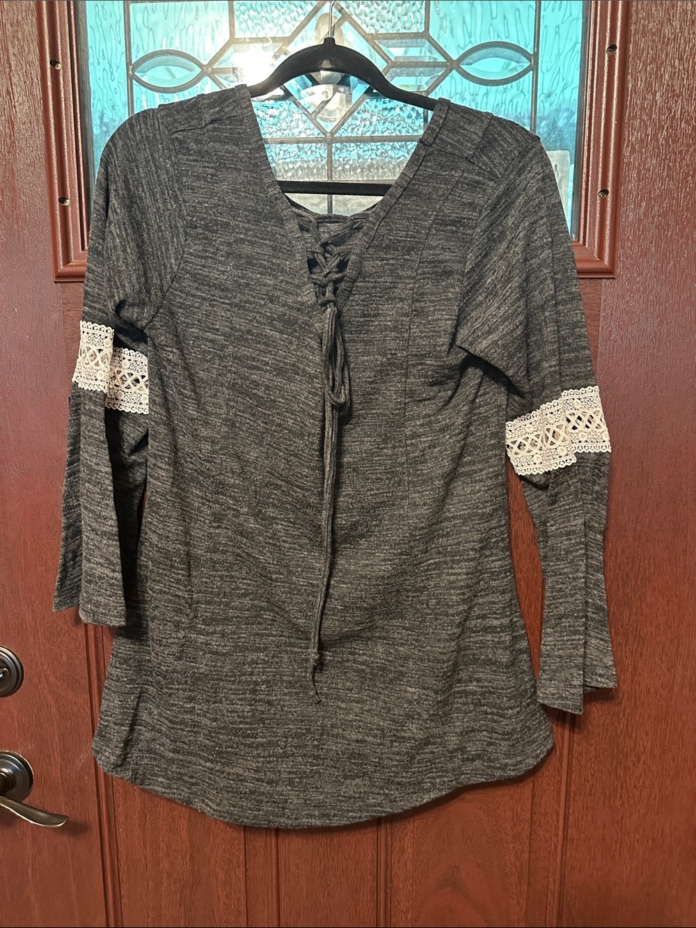 WinWin Lace-Up V-Neck Long Sleeve Top with Crochet Sleeve Trim - Gray